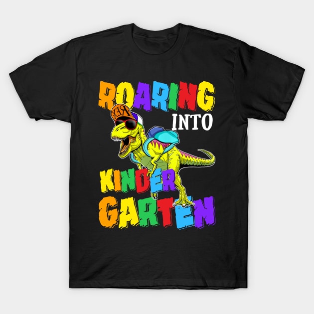 Roaring Into Kindergarten Dinosaur Back To School T-Shirt by bunnierosoff21835